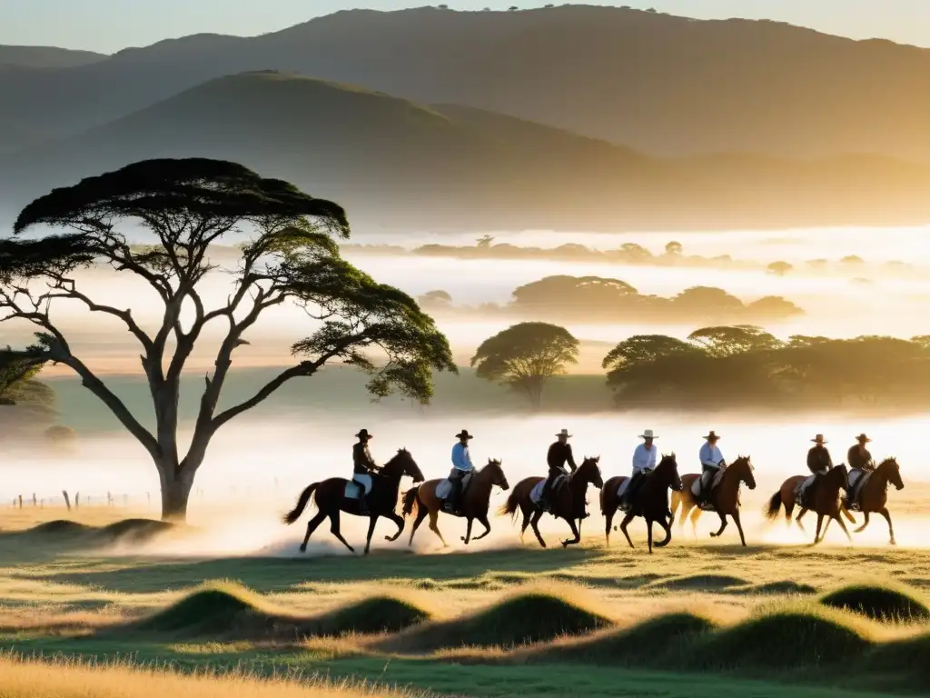 Equipo de gauchos cabalgando al amanecer, explorando la belleza natural en Uruguay, entre Pampas doradas, Ombus y flores silvestres