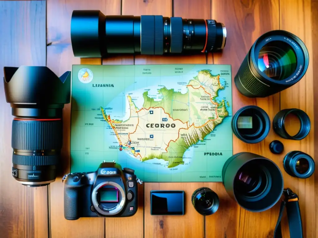 Equipo de fotografía profesional listo para capturar la belleza del Cerro Catedral, Uruguay, dispuesto sobre una mesa rústica