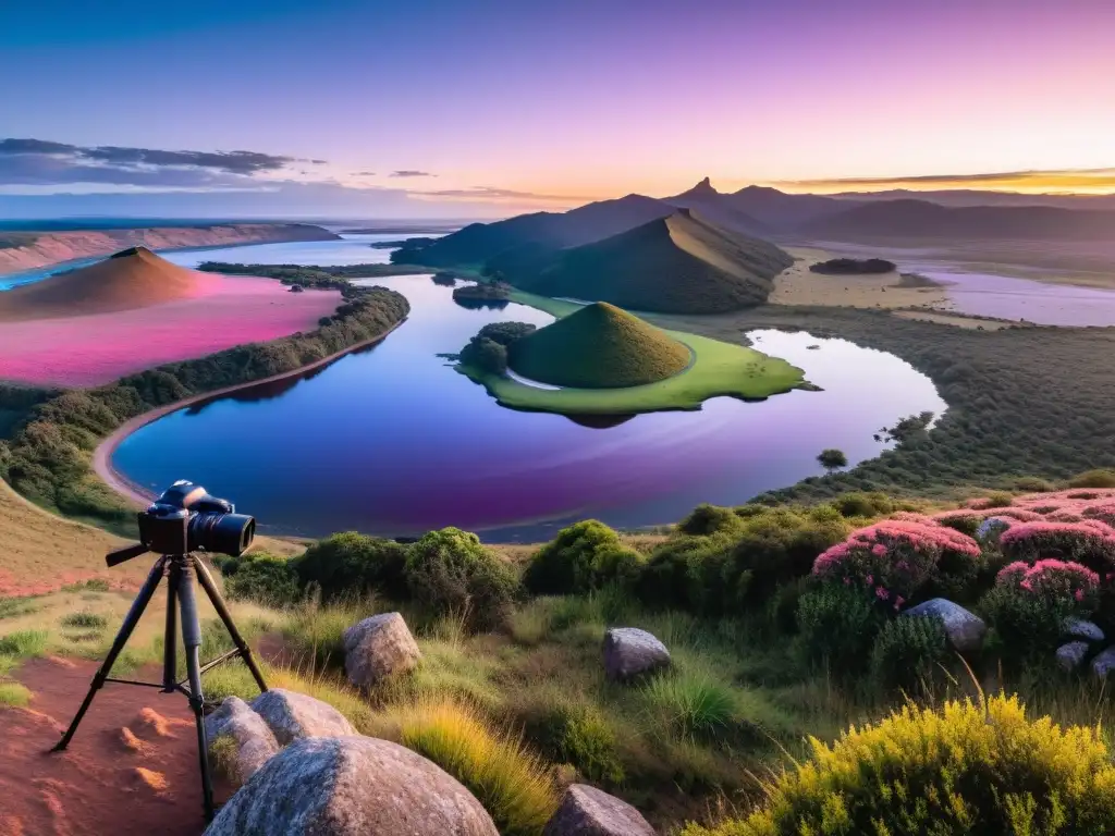 Equipo de fotografía profesional capturando la majestuosidad del amanecer en Uruguay, un lienzo de colores vibrantes y naturaleza deslumbrante