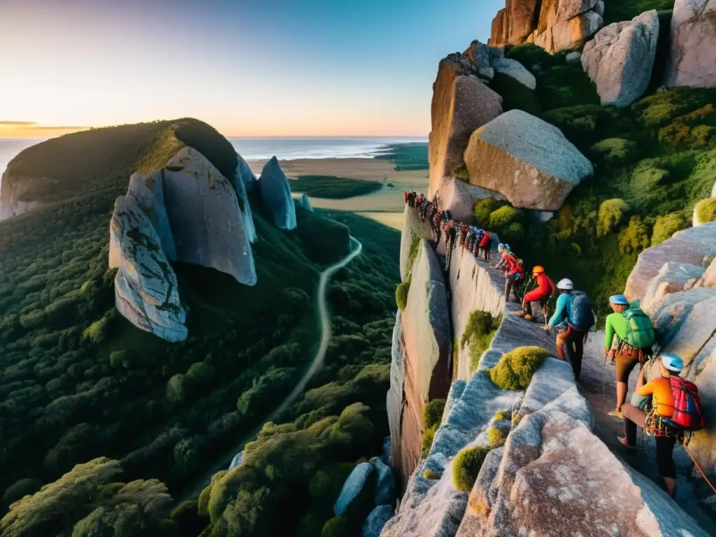 Escalada en Uruguay, desafíos picos: diversidad de escaladores retando un imponente acantilado al atardecer, unidos por la pasión y aventura