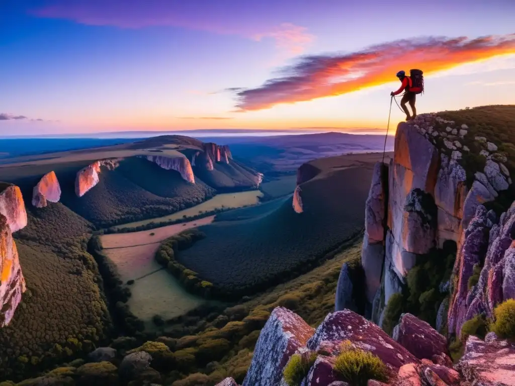 Escalador desafiando un abrupto acantilado en Uruguay al atardecer, pintando el cielo de colores vibrantes