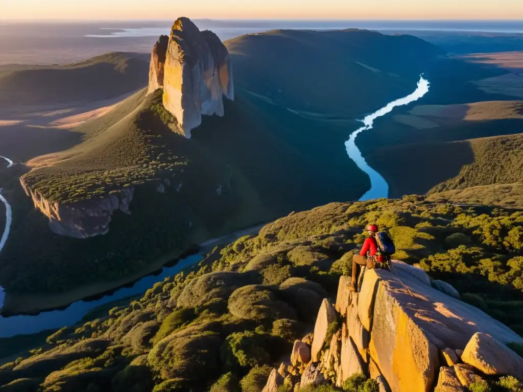 Escalador decidido ascendiendo al amanecer, la luz dorada ilumina las mejores rutas de escalada en Uruguay