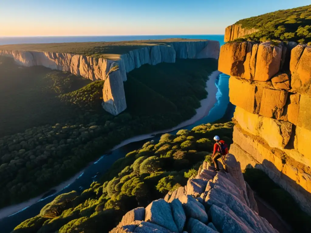 Escalador desafiando un imponente acantilado en Uruguay al atardecer, ilustrando las mejores rutas de escalada en Uruguay