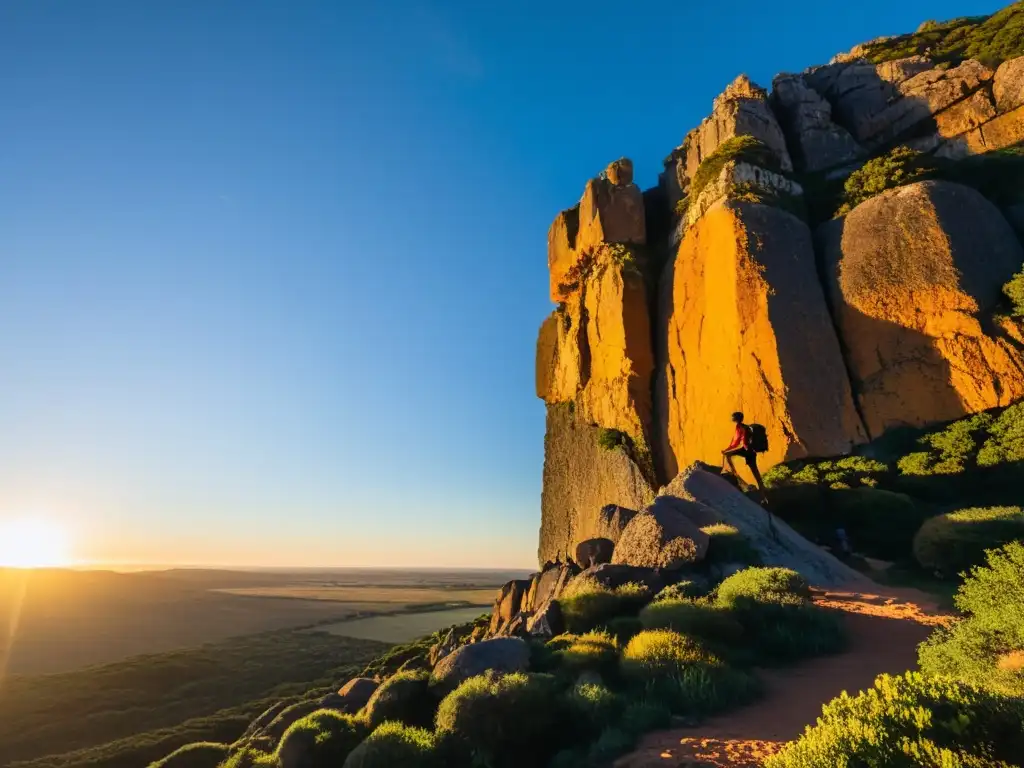 Escalador silueteado contra el cielo dorado del atardecer, desafiando una imponente roca en las mejores rutas de escalada en Uruguay