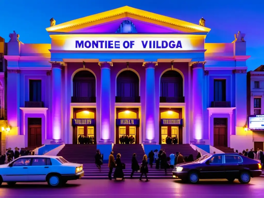 Escena animada de eventos teatro cartelera uruguaya en Montevideo bajo el crepúsculo estrellado, reflejando la rica cultura