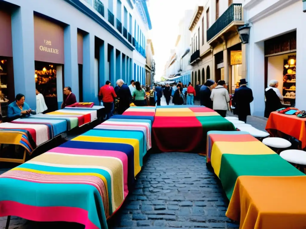 Escena animada de ferias artesanía emblemáticas Uruguay en Montevideo, llena de color, habilidades y patrimonio cultural