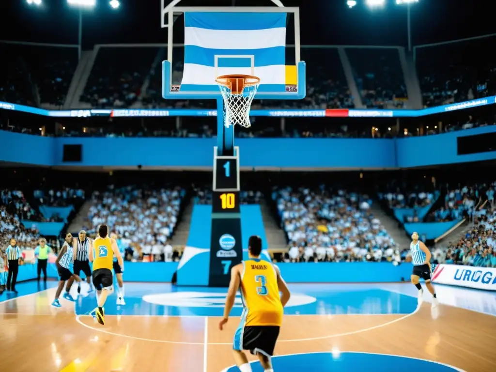 Escena apasionante de eventos de baloncesto en Uruguay, con fanáticos animados y jugadores en pleno juego al atardecer dorado