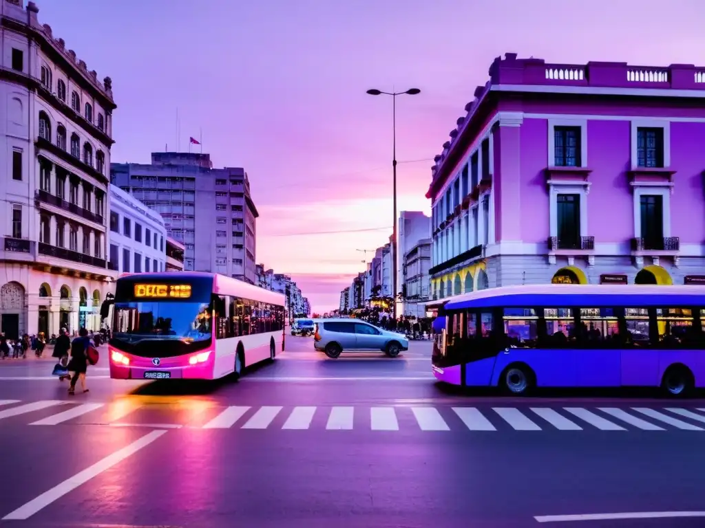 Escena bulliciosa al atardecer en Montevideo, Uruguay, resaltando consejos de transporte económico: buses en movimiento, bicicletas y peatones