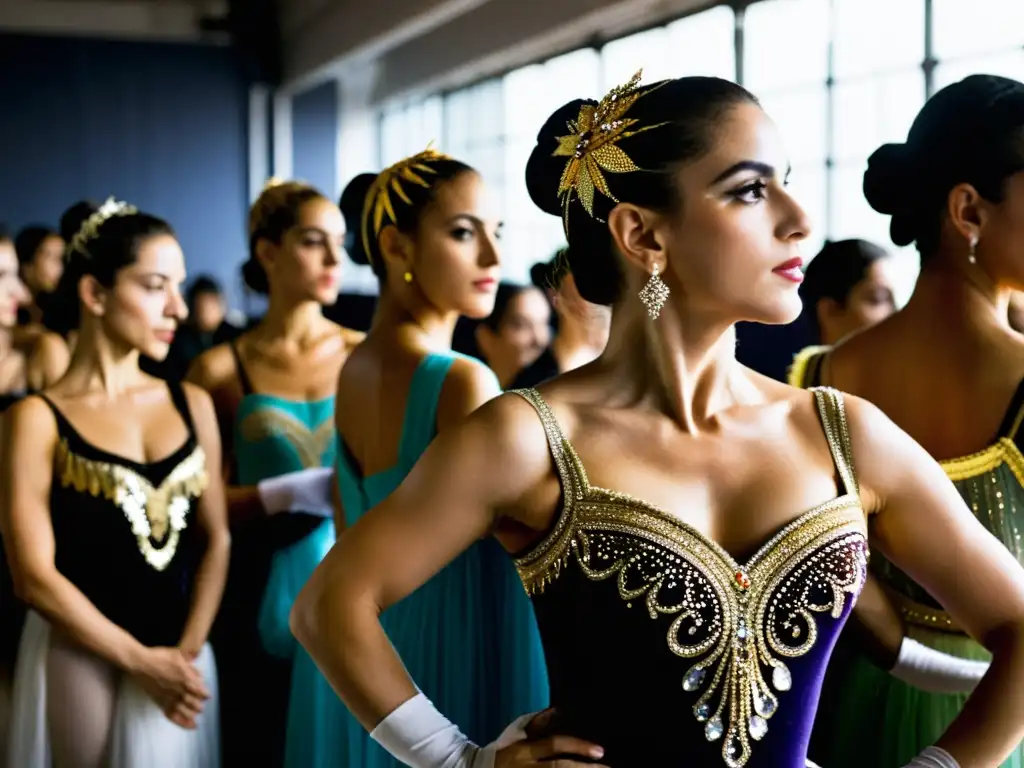 Escena bulliciosa tras bambalinas en uno de los eventos de danza prestigiosos de Uruguay, el Ballet Nacional SODRE, donde los bailarines se preparan intensamente