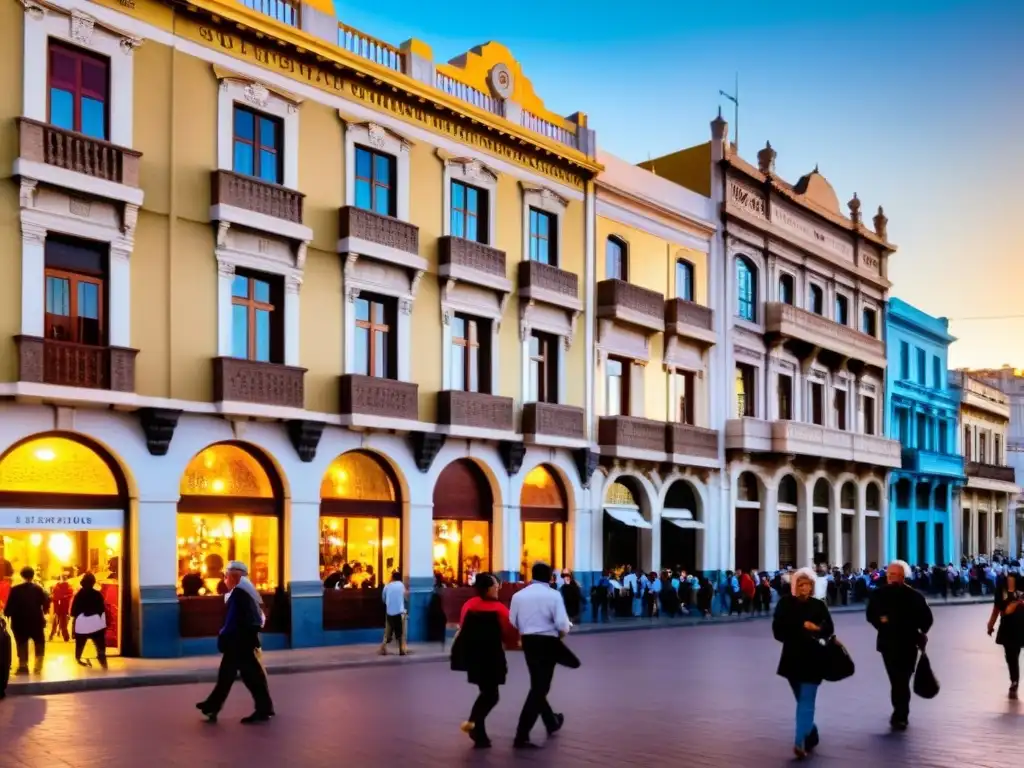 Escena bulliciosa en Montevideo, Uruguay, donde la diversidad cultural uruguaya fotografías cobra vida al atardecer, llenando las históricas calles de color y música