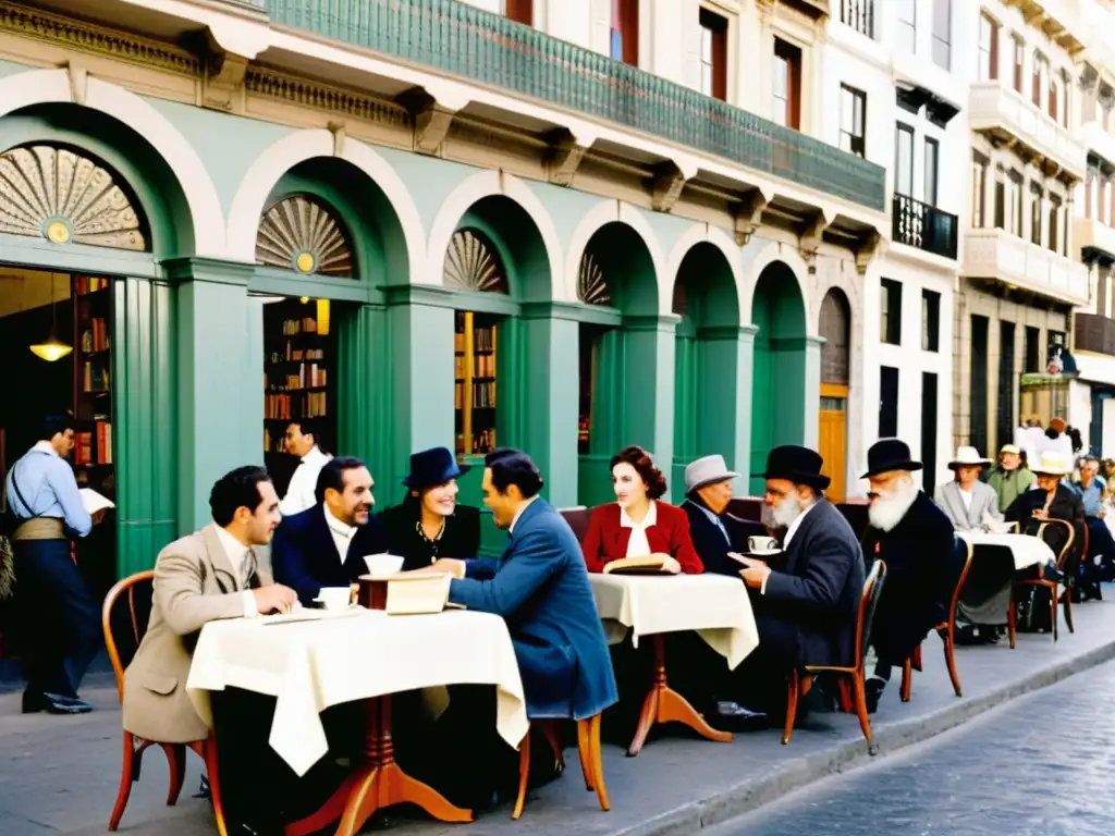 Escena bulliciosa en Montevideo del siglo XX: intelectuales debatiendo literatura uruguaya historia y cultura, en un café al aire libre