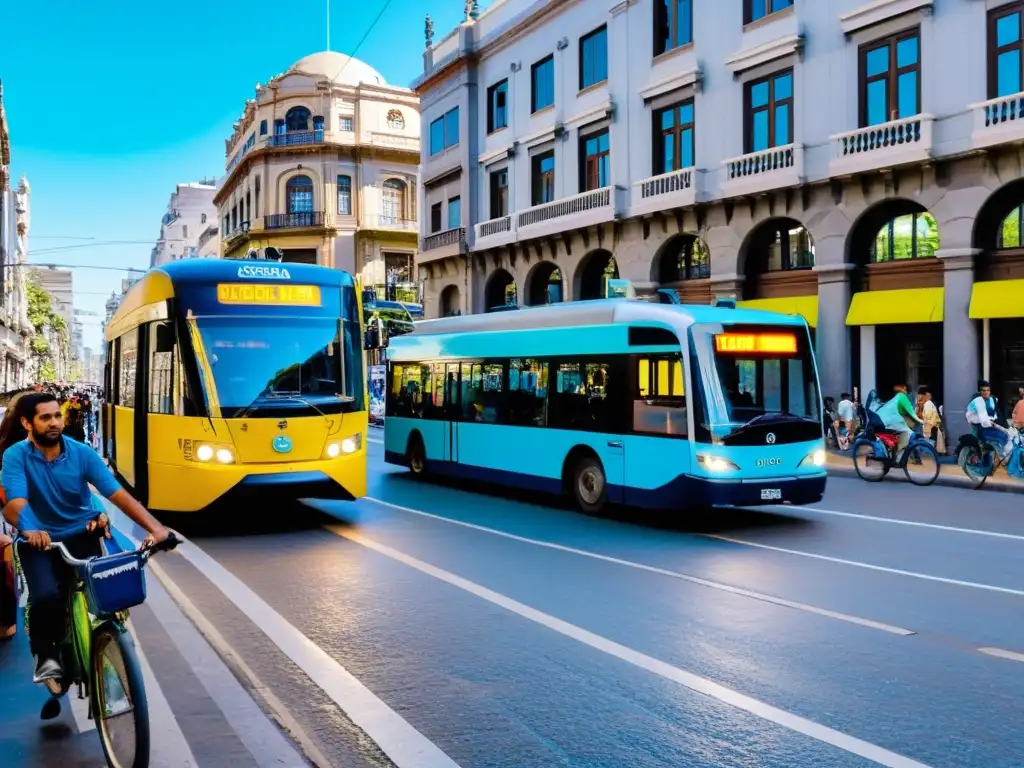 Escena bulliciosa de transporte público económico en Uruguay: bus, tranvía y taxi en Montevideo, con ciclistas y peatones activos bajo cielo despejado