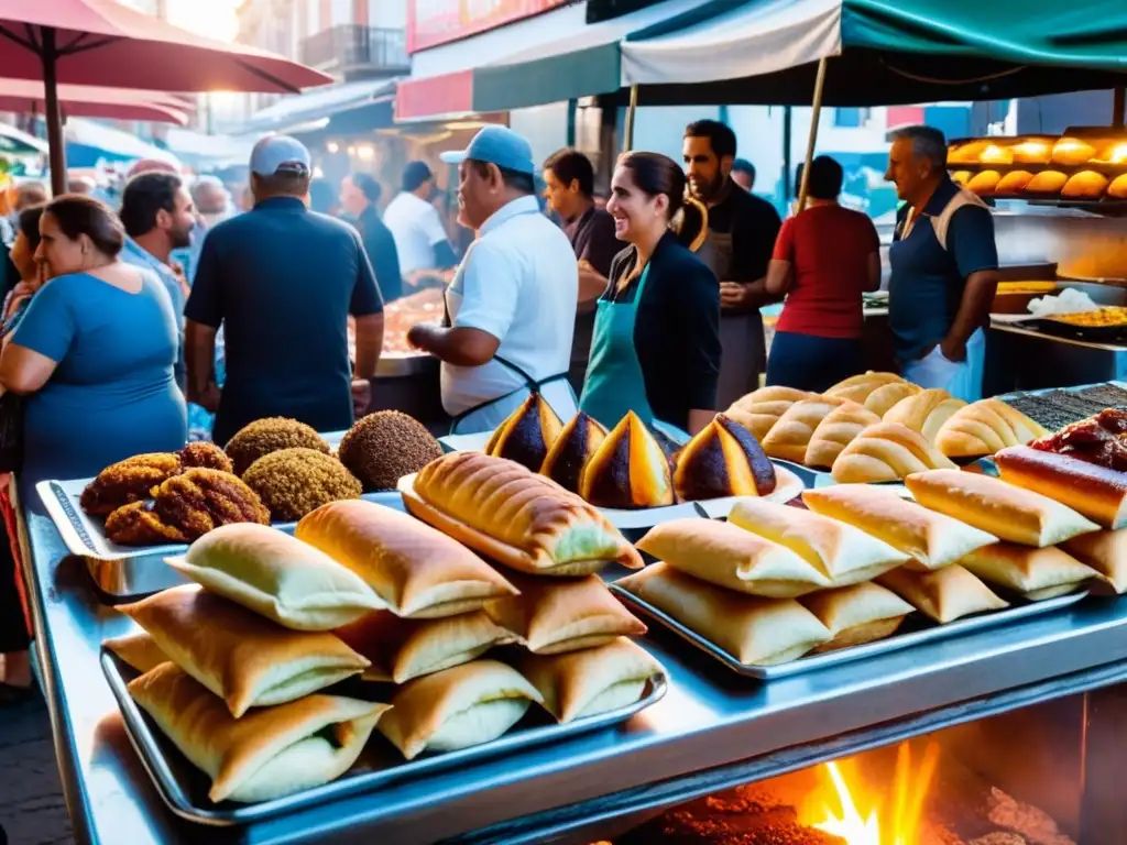 Escena de un bullicioso mercado de comida callejera en Montevideo, Uruguay, con clientes disfrutando de asado y empanadas bajo un atardecer dorado