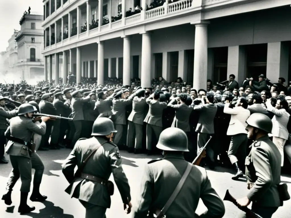 Escena caótica de 1973 en la dictadura cívico-militar uruguaya, soldados dispersando civiles temerosos en una plaza desolada