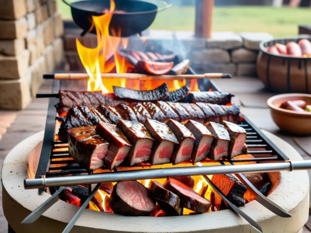 Escena cautivadora y detallada de un tradicional asado uruguayo, con carnes jugosas en la parrilla y ancianos expertos al mando