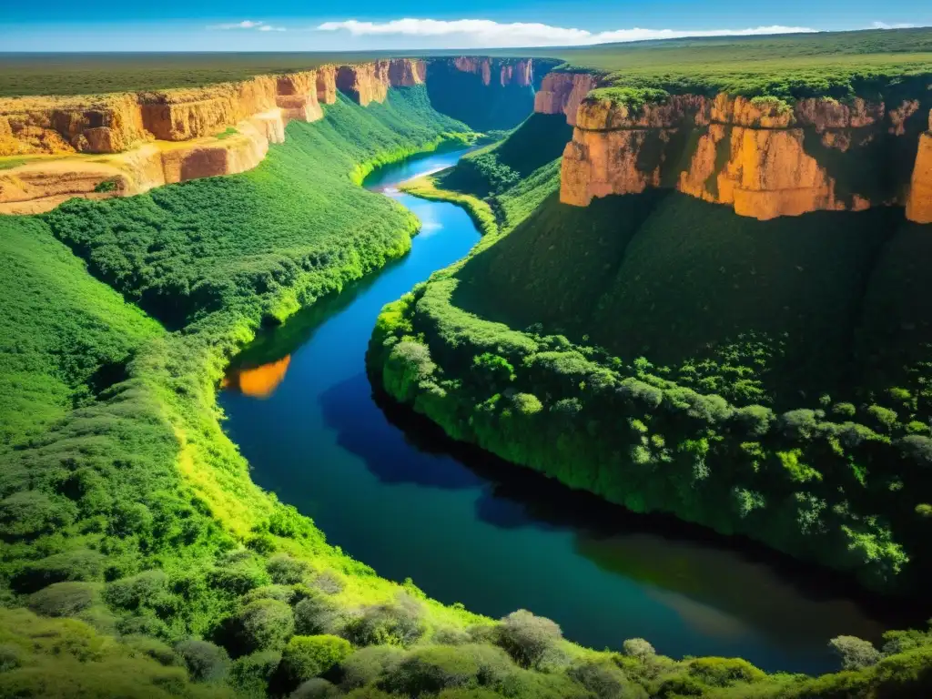 Escena cautivadora de la Quebrada de los Cuervos en Uruguay, con su cañón rocoso, río serpenteante, flora vibrante y cuervos sobrevolando