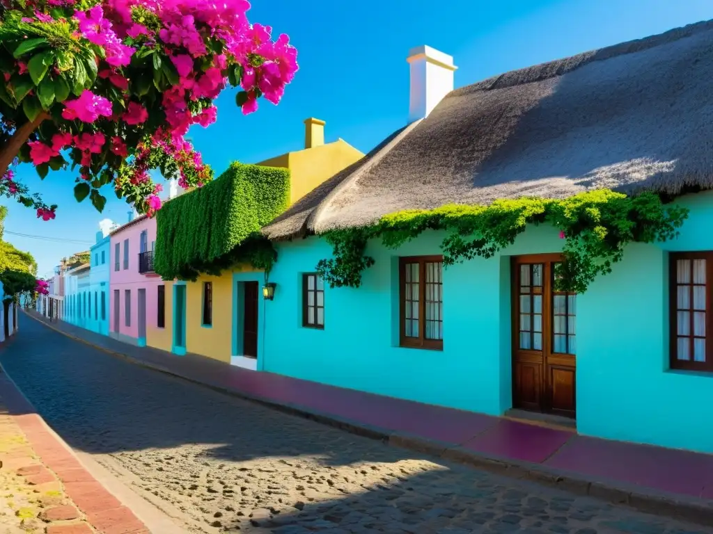 Una escena deslumbrante de Colonia del Sacramento, una de las atracciones económicas de Uruguay, con calles empedradas, coches vintage y casas coloniales color pastel bajo el sol dorado