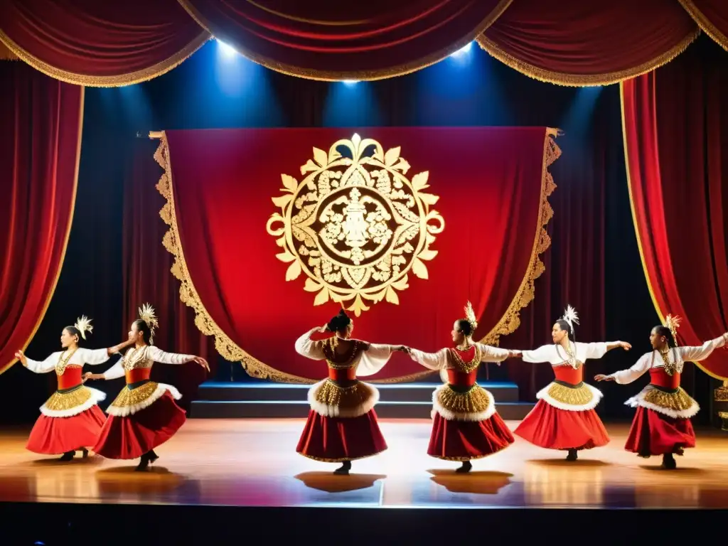 Escena deslumbrante de eventos de danza prestigiosos en Uruguay: bailarines apasionados en trajes tradicionales en un escenario dorado y luminoso