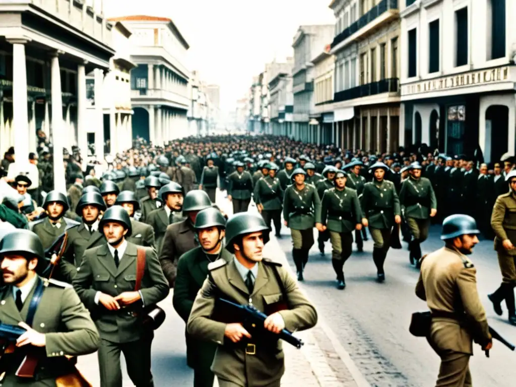 Escena de la dictadura cívicomilitar uruguaya historia, reflejada en una calle llena en los 70, con soldados patrullando y civiles inquietos