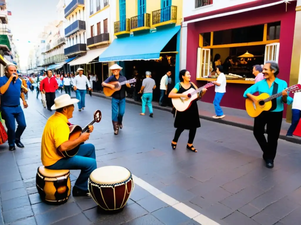 Escena dinámica de un mercado en Montevideo, Uruguay, donde la música y sociedad se unen