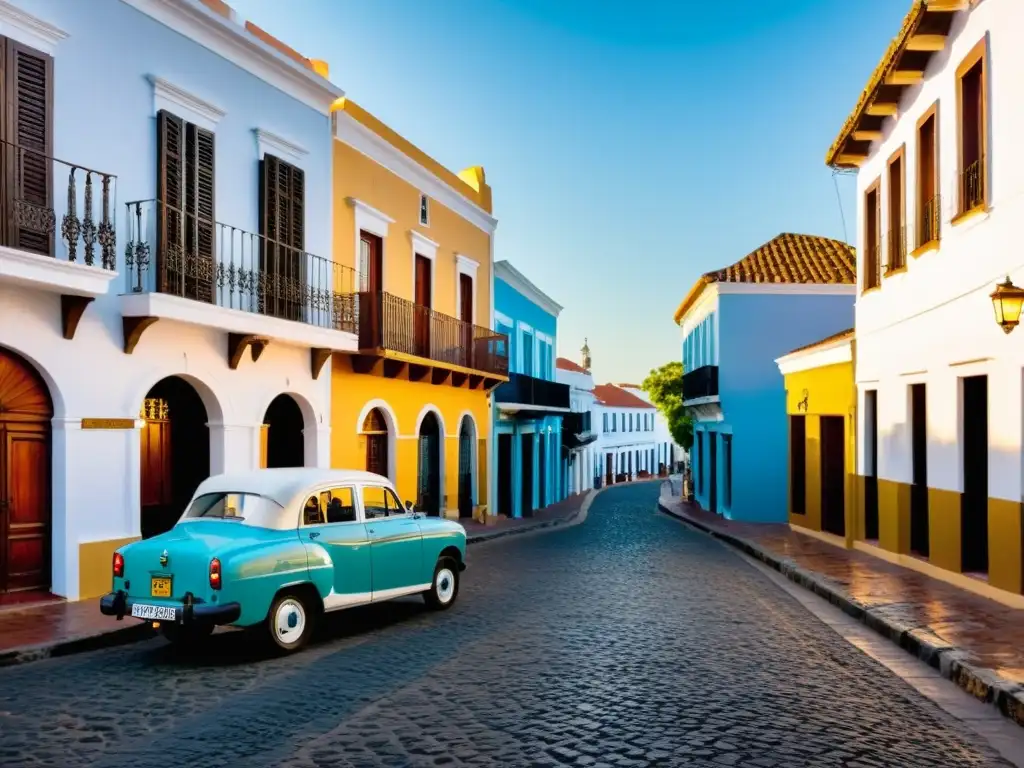 Escena dorada de Colonia del Sacramento, explorar tesoros UNESCO Uruguay, con su faro icónico, calles empedradas y un coche vintage