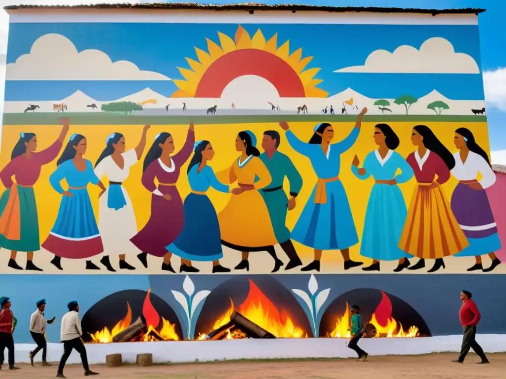 Escena emocionante de un mural histórico a todo color en Paysandú, Uruguay, narrando su rica historia con alegría y resolución en un hermoso amanecer