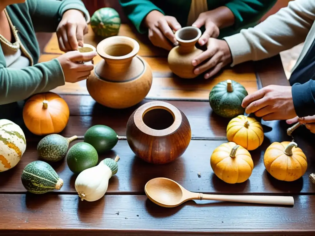 Escena emotiva de la cultura del mate en Uruguay, uniendo generaciones alrededor de una mesa rústica contra el vibrante telón de Montevideo