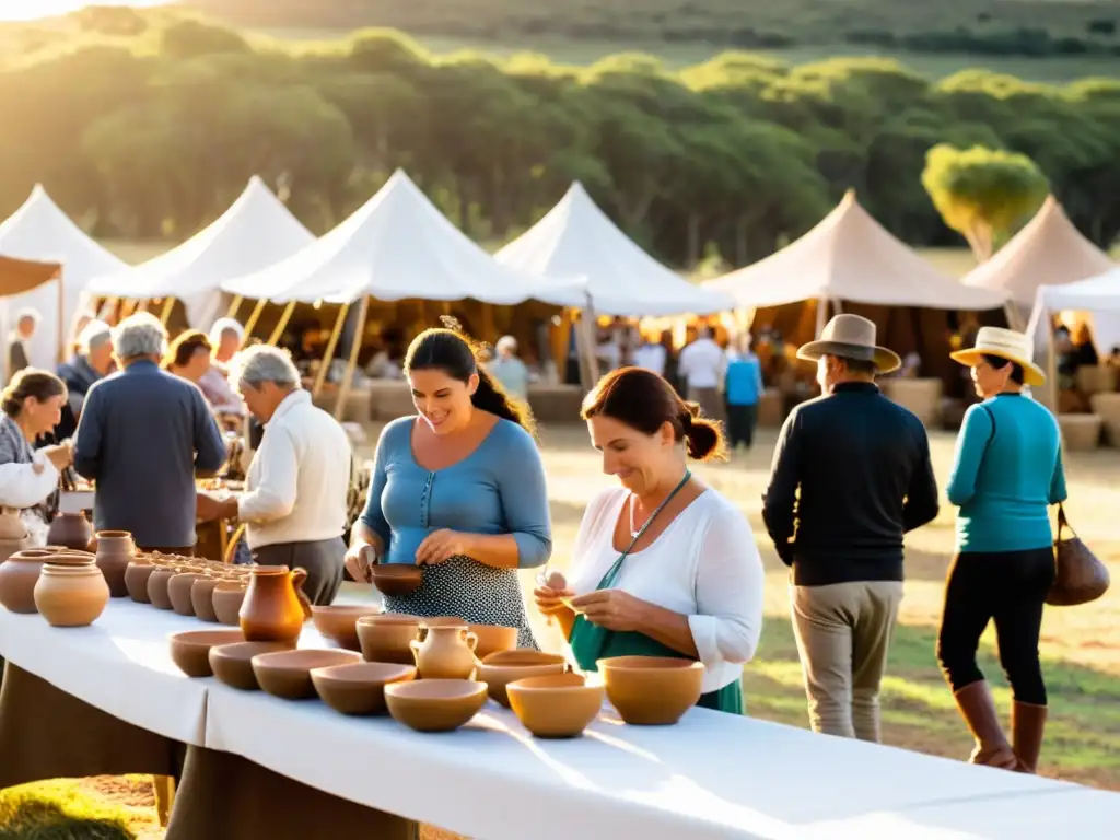 Escena emotiva de ferias artesanía emblemáticas Uruguay: artesanos trabajando, turistas curiosos y la belleza rural al atardecer