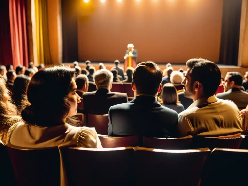 Escena emotiva del Festival de Teatro del Interior Uruguay, con actores apasionados iluminados por una cálida luz dorada en un teatro rústico