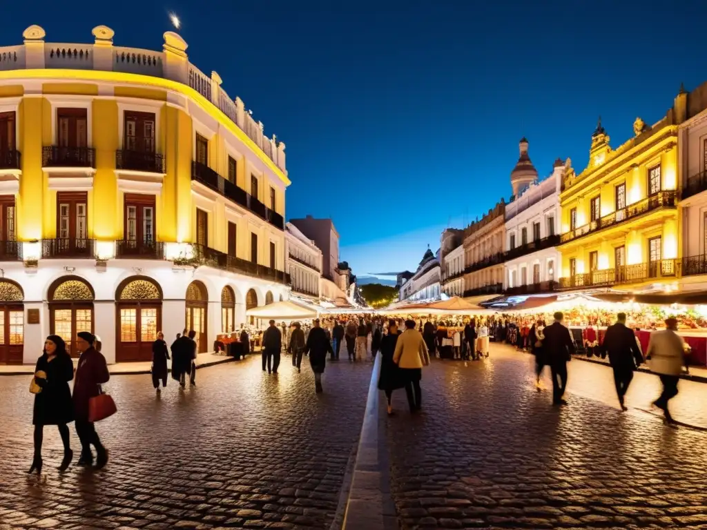 Escena emotiva de la Noche de la Nostalgia Uruguay: parejas bailando tango, arquitectura colonial iluminada y música en vivo