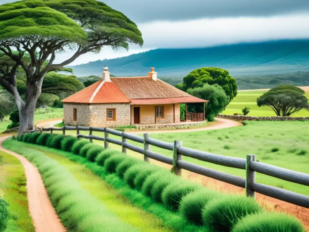 Escena idílica de turismo rural en Uruguay, con una casa de piedra tradicional, campos verdes, un gaucho y vacas bajo un cielo azul