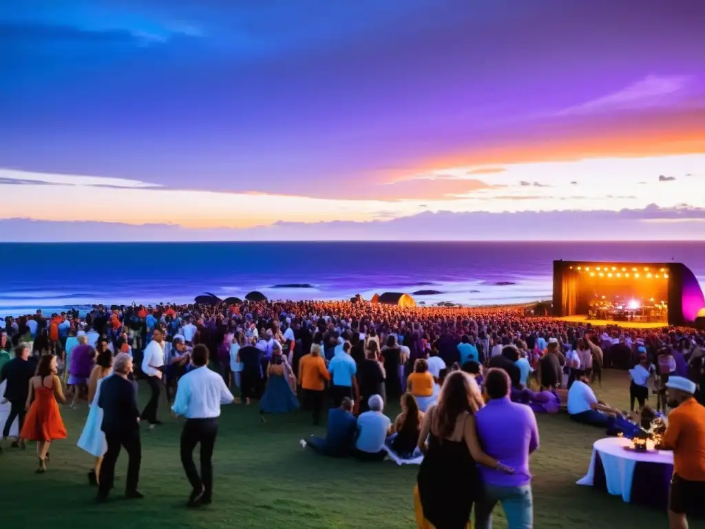 Escena impresionante de un evento al aire libre en Uruguay 2022 al anochecer, con cielo naranja y morado, música en vivo y danzas alegres