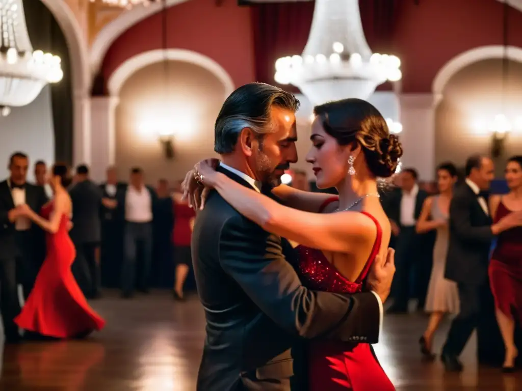 Escena íntima del Montevideo Tango Festival, pareja apasionada bailando al ritmo de la cultura uruguaya, bajo la suave luz de candelabros antiguos