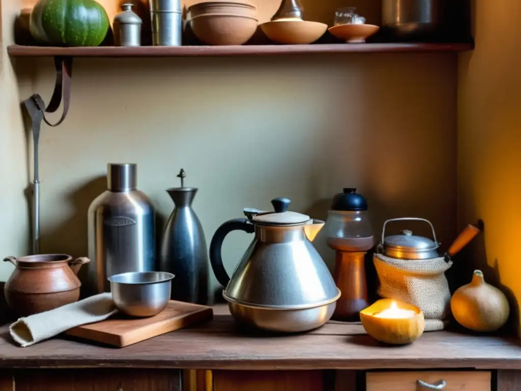 Escena íntima en una cocina uruguaya tradicional, manos ancianas preparan mate, evocando las costumbres culinarias Uruguay tradicionales