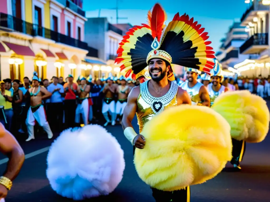 Escena llena de color y energía en uno de los festivales imperdibles de Uruguay: el Carnaval de Montevideo, mágica unión de tradición y modernidad