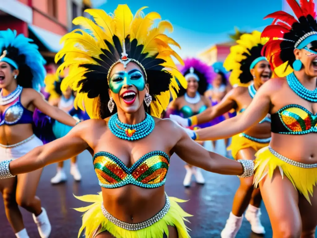 Escena llena de energía del Carnaval Uruguayo 2022, bailarines vibrantes y espectadores emocionados