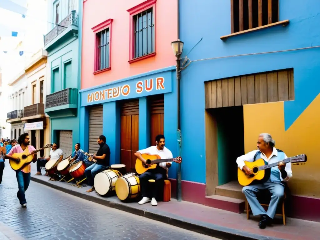 Escena musical contemporánea de Uruguay brillando en Barrio Sur de Montevideo, con artistas jóvenes y mayores tocando bajo un cielo estrellado