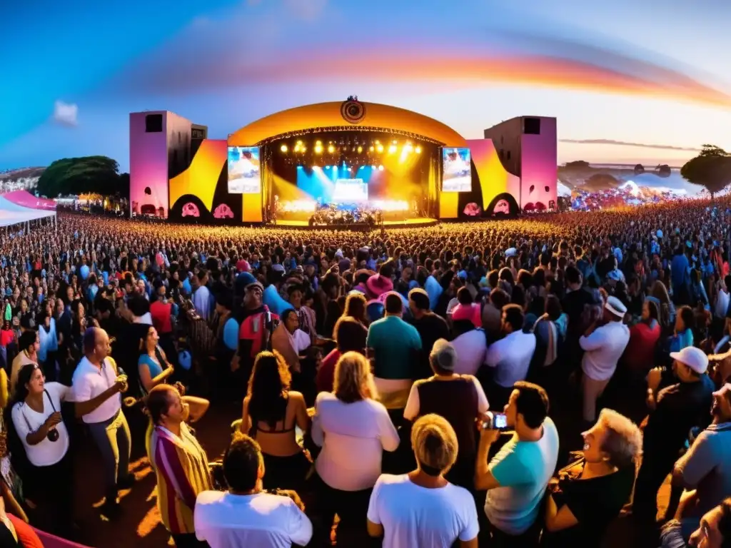 Escena musical contemporánea Uruguay: banda en escenario vibrante, fans emocionados, banderas uruguayas ondeando bajo cielo estrellado de Montevideo