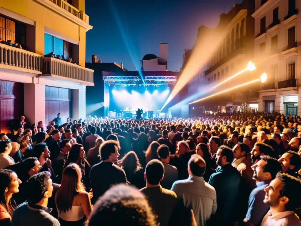 Escena musical contemporánea de Uruguay: multitud vibrante disfrutando de un concierto nocturno bajo luces radiantes en Montevideo