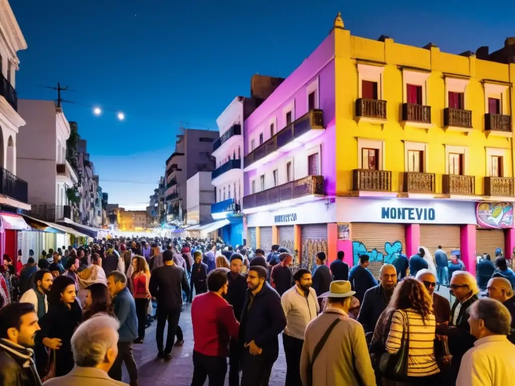 Escena musical contemporánea Uruguay: noche vibrante en Montevideo, público diverso ante un local luminoso, murales coloridos y estrellas brillantes