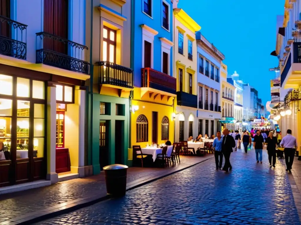 Escena nocturna vibrante en Montevideo, con los mejores restaurantes de gastronomía de Uruguay sirviendo platos típicos