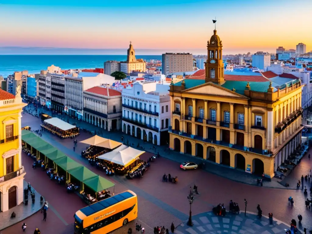 Escena panorámica al atardecer en la histórica Ciudad Vieja de Montevideo, con el icónico Teatro Solís bañado en luz dorada y las calles bulliciosas