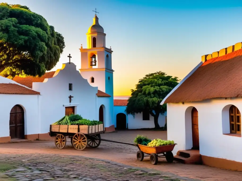 Escena pintoresca de pueblos bonitos Uruguay: aldea rural al atardecer, calles empedradas y casas blancas iluminadas por un sol cálido