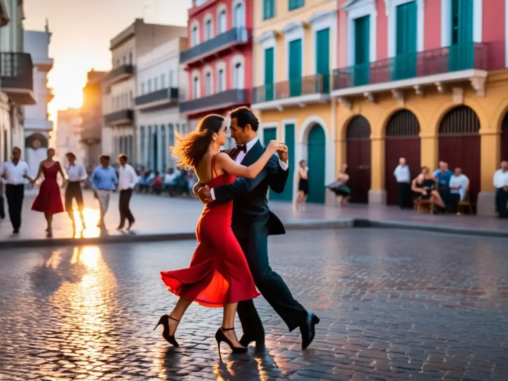 Escena de tango en Montevideo, Uruguay, reflejando los orígenes e influencias del tango uruguayo al atardecer