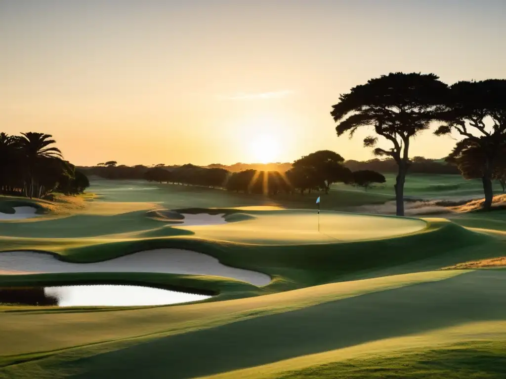 Escena de torneos de golf prestigiosos en Uruguay, con golfistas en un atardecer dorado y la bandera ondeante