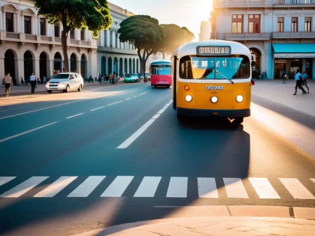 Escena vespertina en Uruguay, donde el transporte y movilidad cobran vida entre ómnibus clásicos, taxis y ciclistas, bajo el icónico Palacio Salvo