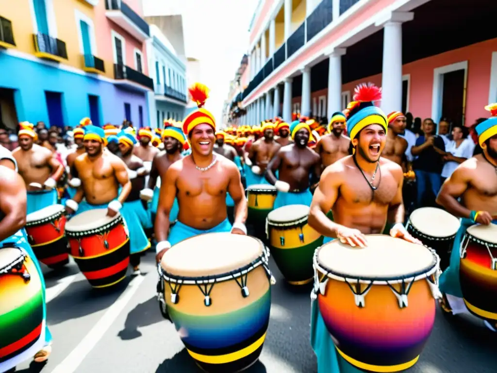 Escena vibrante de una alegre parada de Candombe, cultura afrouruguaya, en Uruguay, con tambores y vestimentas coloridas, bajo un cielo azul brillante