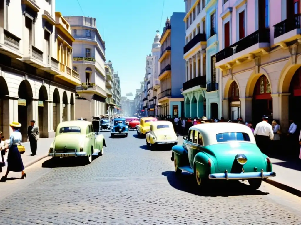 Escena vibrante de los años 50 en Montevideo, Uruguay, con tranvías y autos vintage en calles empedradas, personas en vestimenta de época y una mezcla de arquitectura colonial y moderna, reflejando los sitios patrimoniales de Uruguay y su evolución