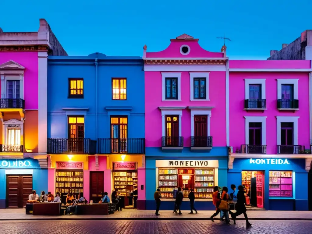 Escena vibrante al atardecer en Montevideo, con jóvenes músicos discutiendo cerca de una tienda de vinilos y otros disfrutando de la música uruguaya en la era digital en sus smartphones, bajo un cielo que mezcla cálidos naranjas y rosas con el azul del crepúsculo