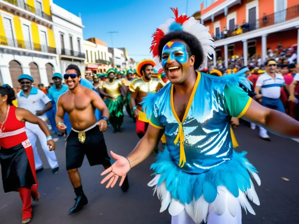 Escena vibrante del Carnaval Uruguayo, gente danzando en calles llenas de color y diversidad cultural, simbolizando la identidad de Uruguay